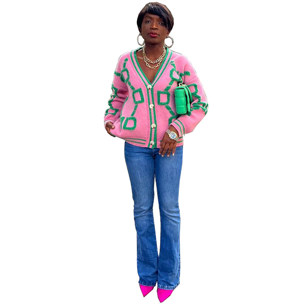 European and american cross-border women's fashion  autumn/winter street style letter single-breasted cardigan long sleeve knit top outerwear