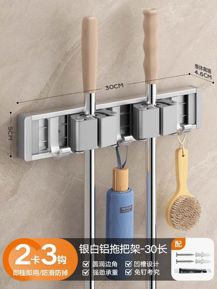 Blue vine mop wall mount clip - no drilling required - bathroom broom holder, mop rack organizer with large hook