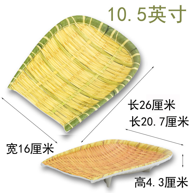 Bamboo woven disc plastic hot pot dish plate restaurant large plate barbecue plate farmhouse tableware green roast chicken plate banquet