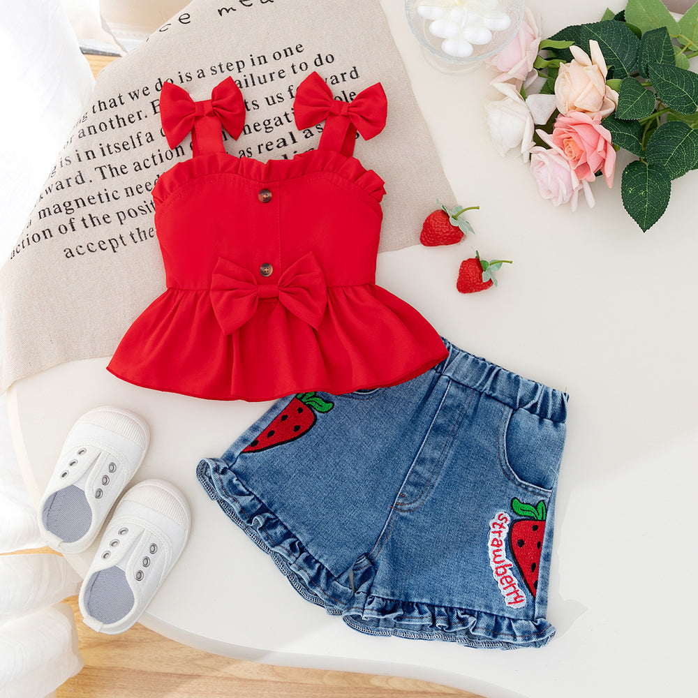 summer collection: girls' camisole top with bow detail and cinched waist design + washed denim shorts set