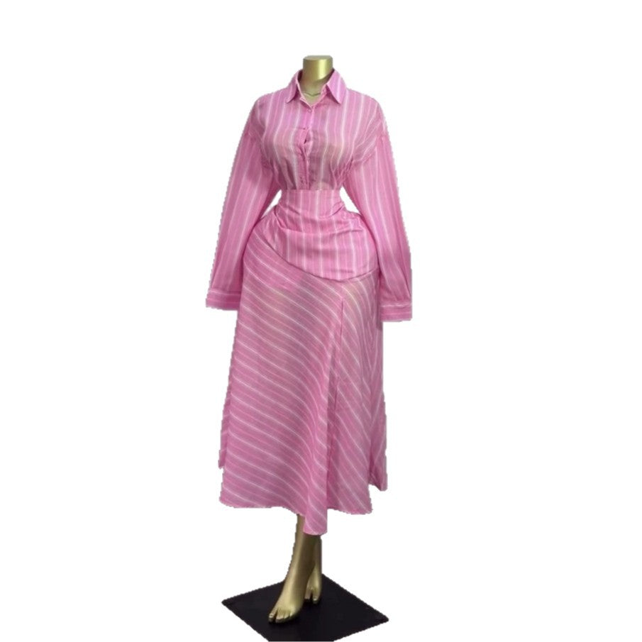 European and american cross-border women's fashion:  summer new collection - stylish striped slim-fit long sleeve blouse and high-waisted midi skirt set