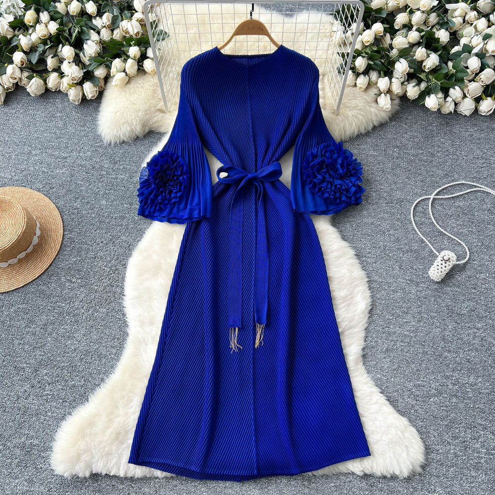 European and american fashion 3d floral flared sleeve tie-waist pleated maxi dress - slimming, elegant, and flowy