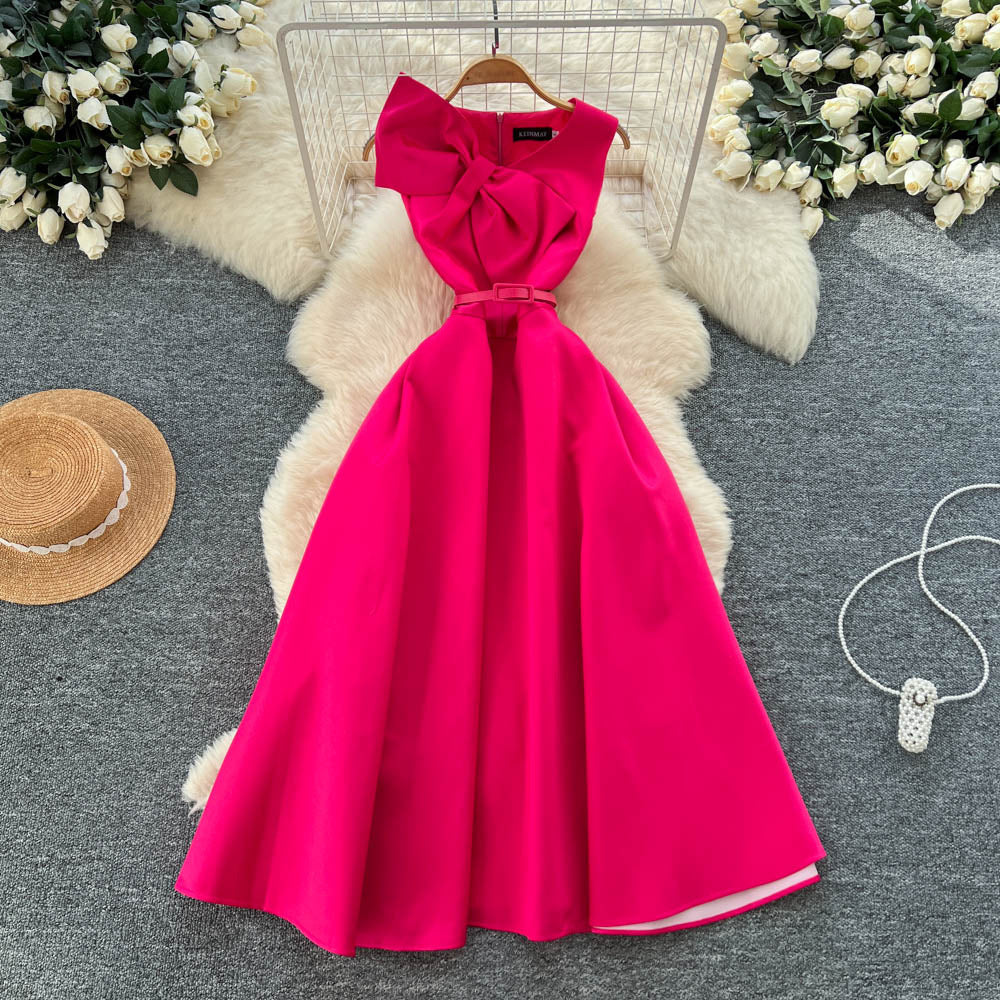 High-end women's french style formal dress - elegant, sleeveless, v-neck, cinched waist, slimming, and flattering a-line maxi dress with 3d bow detail