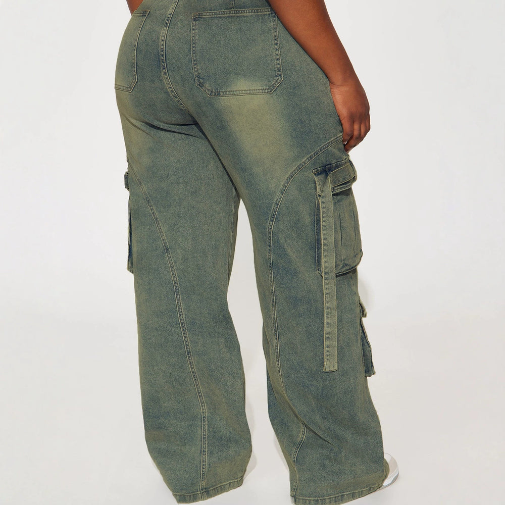 American retro distressed workwear wide-leg jeans - women's side pocket cargo pants with drawstring waist and loose fit