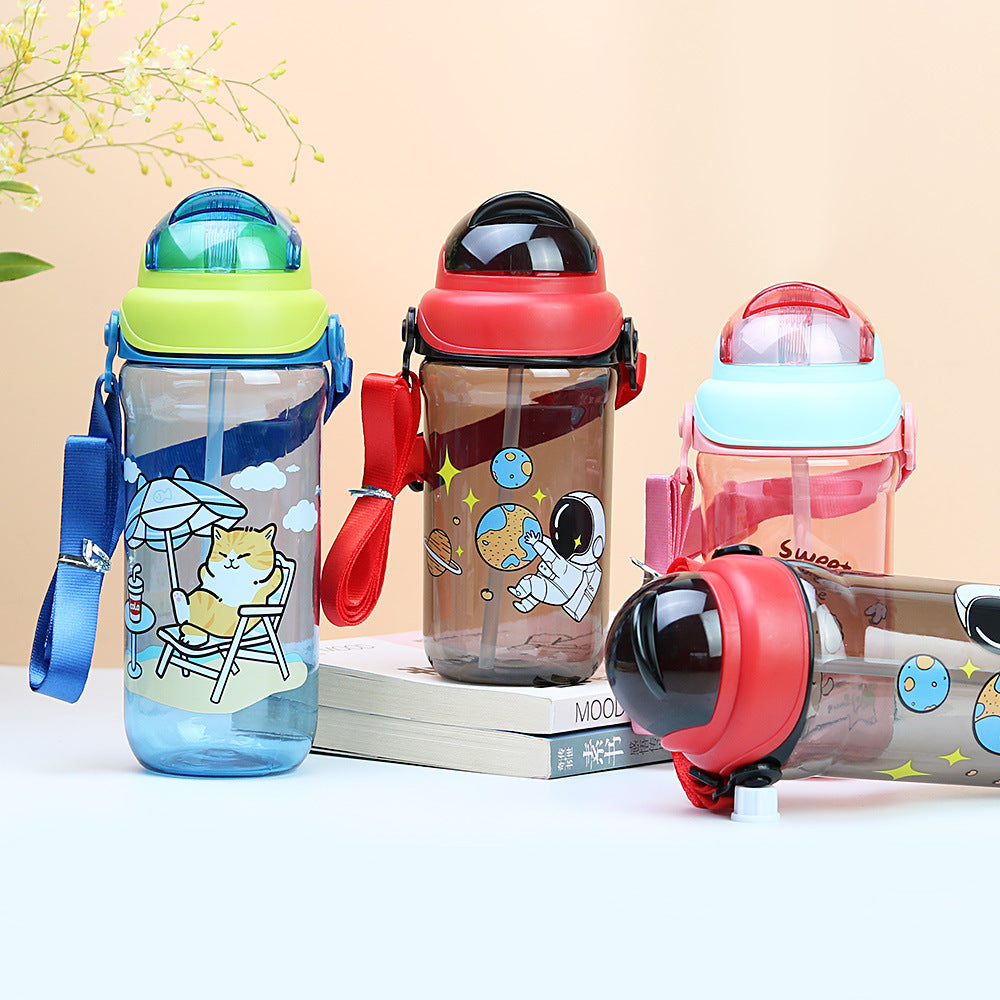 Cartoon kids water bottle with strap, plastic cup, straw cup, kindergarten water bottle, leak-proof, children's gift