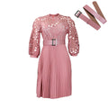 D322 independent station foreign trade women's clothing  new style pure color lace crochet cut out pleated european and american dress