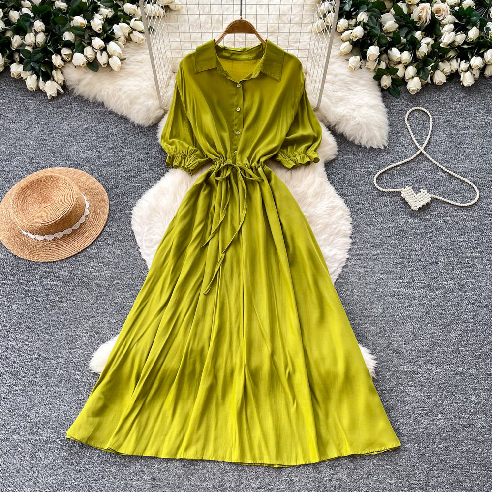 Light mature style single-breasted shirt short-sleeved dress for women summerk-style strap waist slimming lookelegant long skirt work clothing