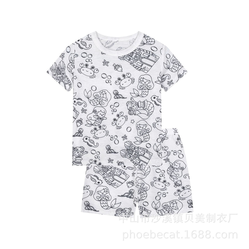 Cartoon european and american cross-border exclusive children's home clothes pajamas suit sketch comfortable breathable diy hand-painted graffiti