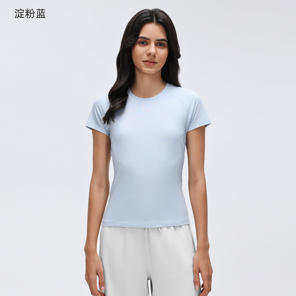 Summer crew neck short sleeve women's sweat-wicking breathable sports t-shirt slim fit running fitness yoga top d26037