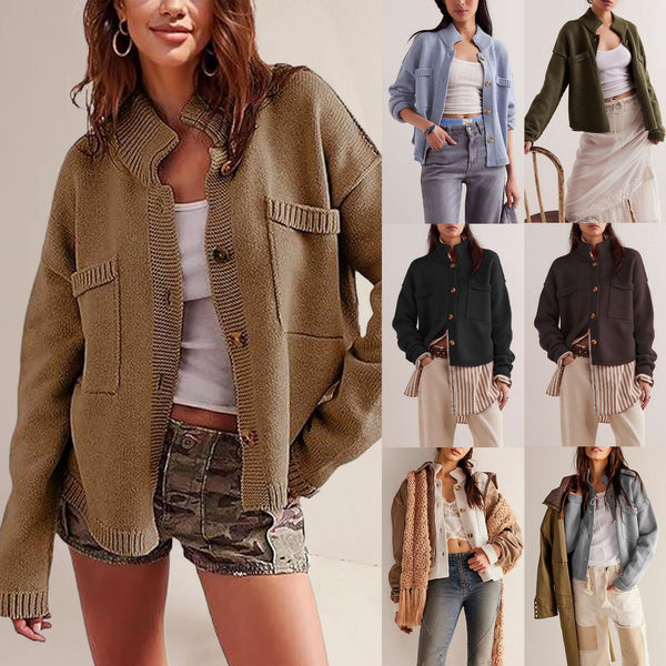 Winter European and American Independent Station Express Sale Hot Sale Knitted Jacket Stand-Up Collar Solid Color Cardigan Sweater Women's New 2025