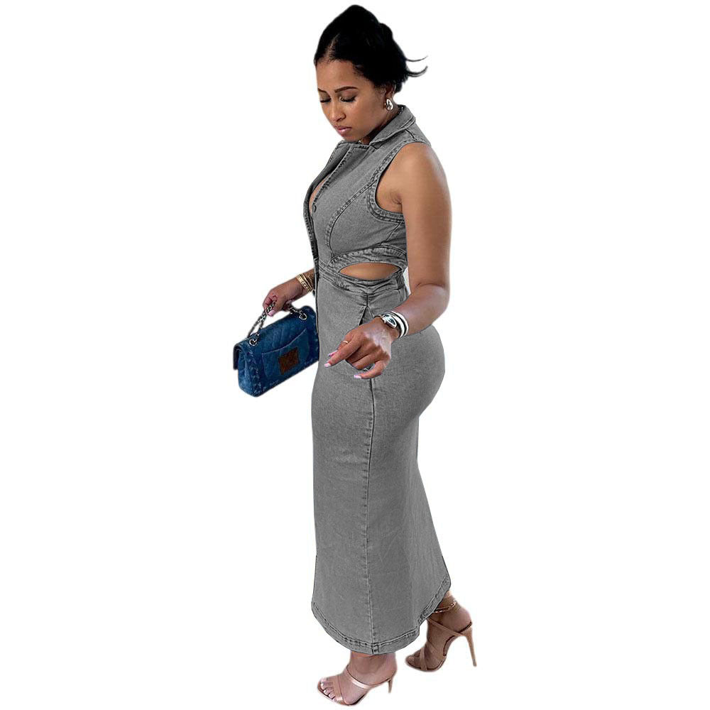 Fashion cross-border women's clothing  fall and winter new products street fashion single-breasted sleeveless halter elastic dress long skirt