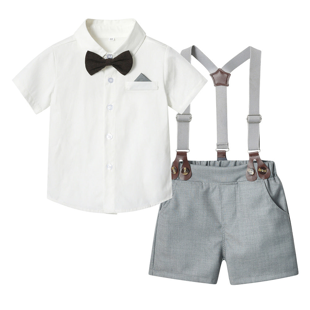 Kids gentleman's first birthday dress spring and summer new short-sleeved white shirt gentleman's sets boys birthday overalls suit