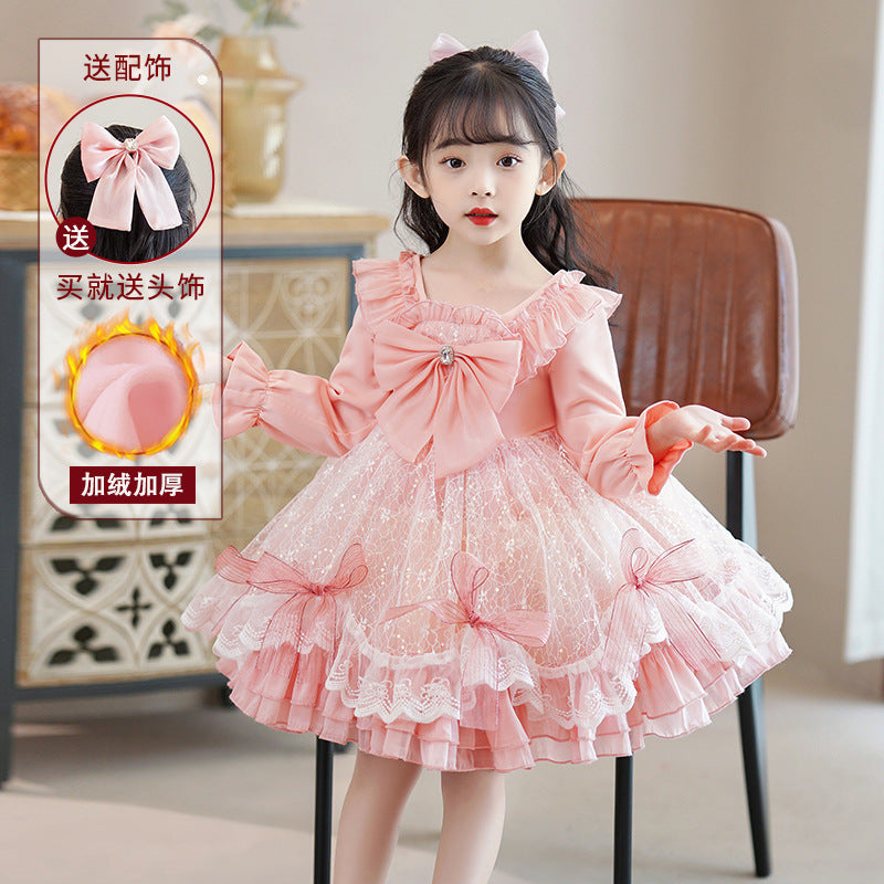 Lolita style girls' princess dress - new long sleeve satin bowknot mesh children's dress for little girls and babies