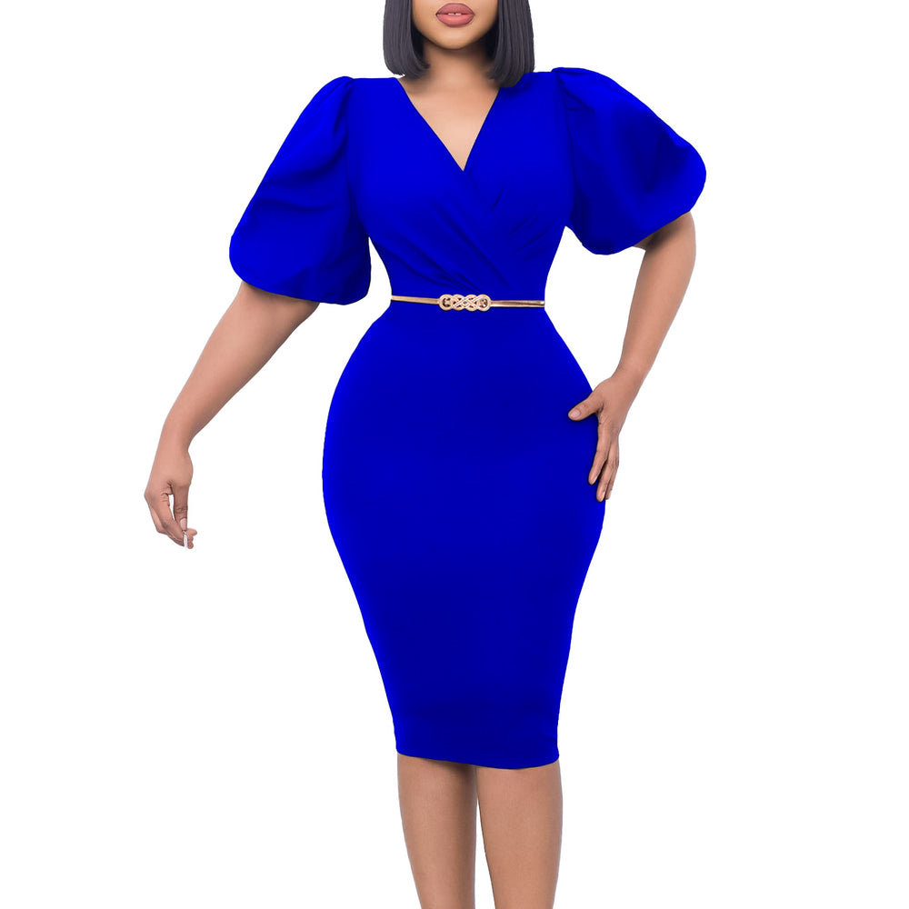 D411export women's summer new style puff sleeves v neck hip-covering professional ol elegant african fashion dress