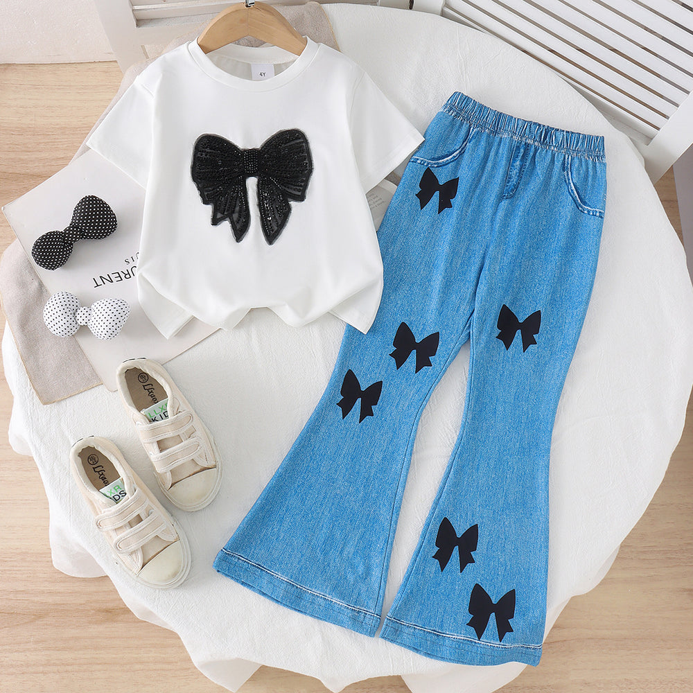 Children's clothing cross-border european and american girls white short-sleeved t-shirt + blue pants two-piece set