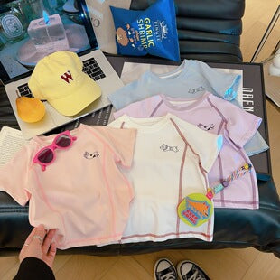 【in stock】girls' short-sleeve summer outfit : korean style, trendy dopamine star tee for little girls