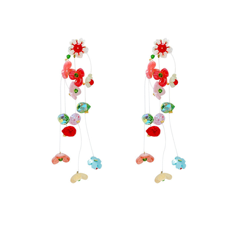 Super fairy dopamine colorful flower tassel stud earrings for women unique exaggerated elegant earrings 2026 new ear jewelry