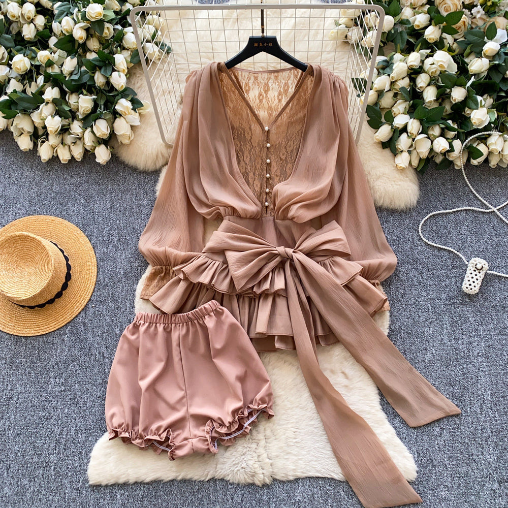 Fairy atmosphere niche stylebows strap waist lacepatchworklong sleevesruffles mesh dressshorts
