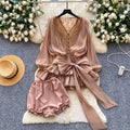 Fairy atmosphere niche stylebows strap waist lacepatchworklong sleevesruffles mesh dressshorts