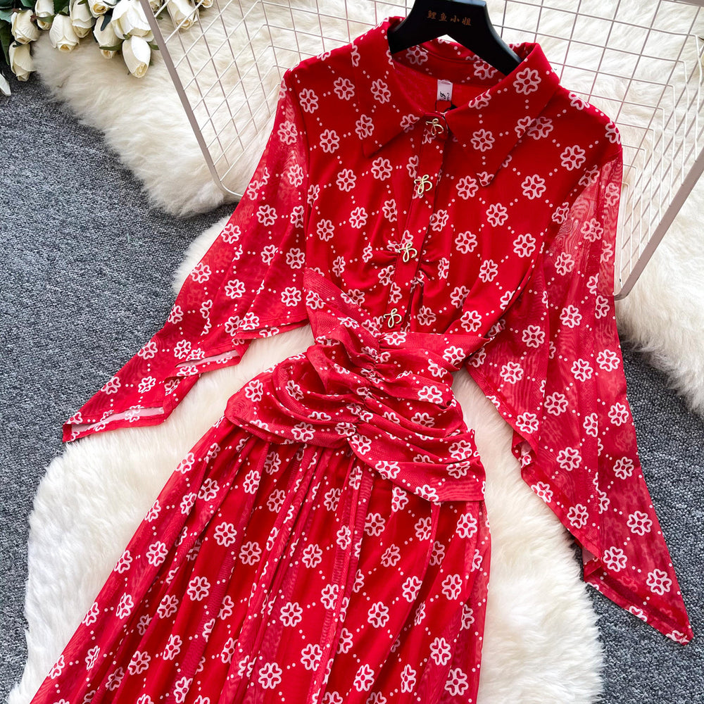 Vintage polka dot dress women's printed summer red high waist cinched waist tie waist slimming elegant long dress french elegance