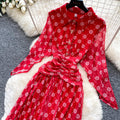 Vintage polka dot dress women's printed summer red high waist cinched waist tie waist slimming elegant long dress french elegance