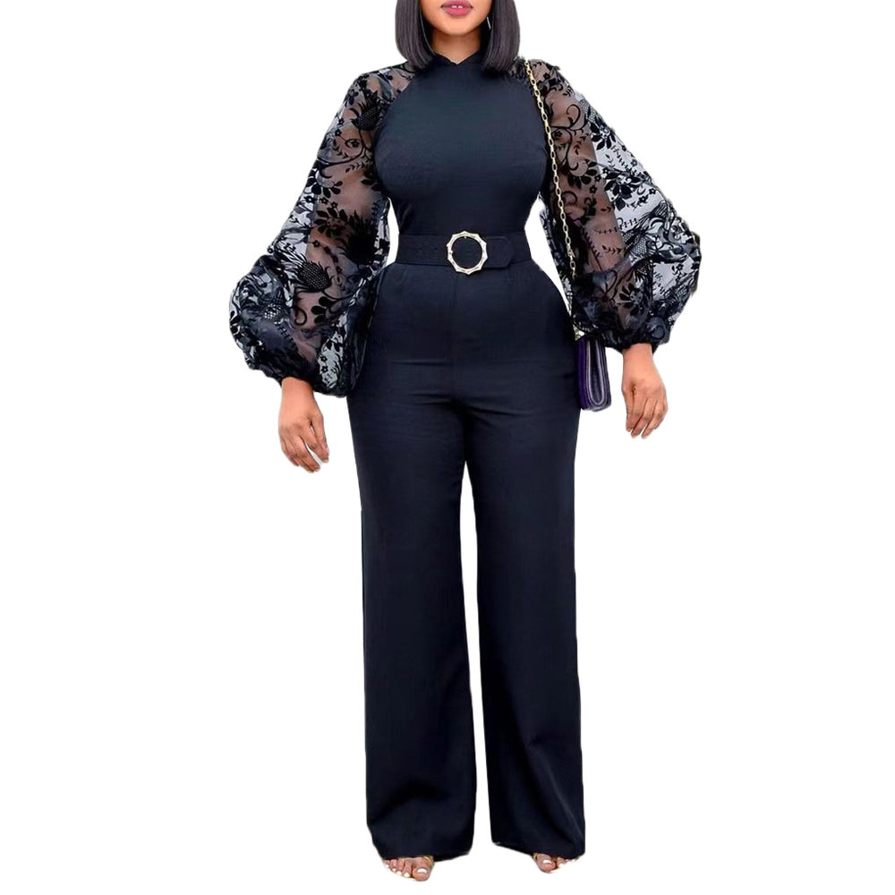 D250 free belt  stand collar mesh lantern sleeves silmplus size women's african wide leg european and american jumpsuit
