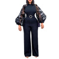 D250 free belt  stand collar mesh lantern sleeves silmplus size women's african wide leg european and american jumpsuit