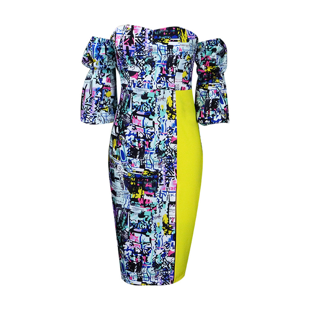 D148t european and american style autumn fashion printed off-the-shoulder bandeau sexy plus size cross-border dress