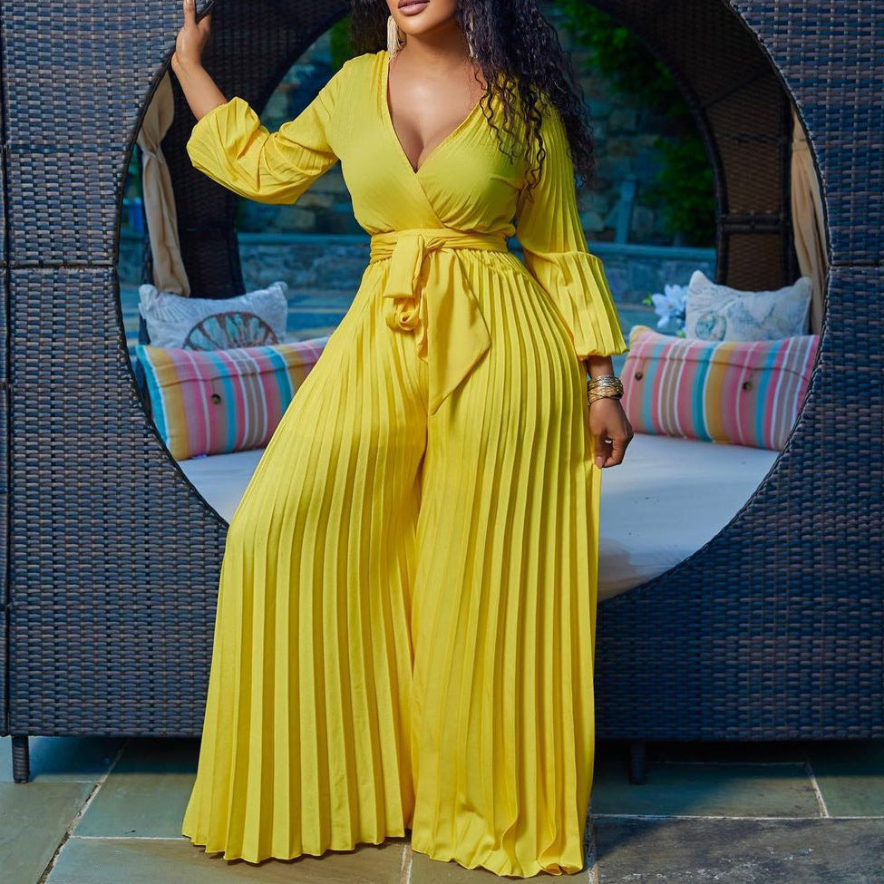 C8468   european and american summer new v-neck sexy tie-up pleated wide-leg plus size foreign trade jumpsuit