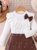 autumn new arrival: textured round neck top with ruffle collar + beaded pu leather skirt two-piece set