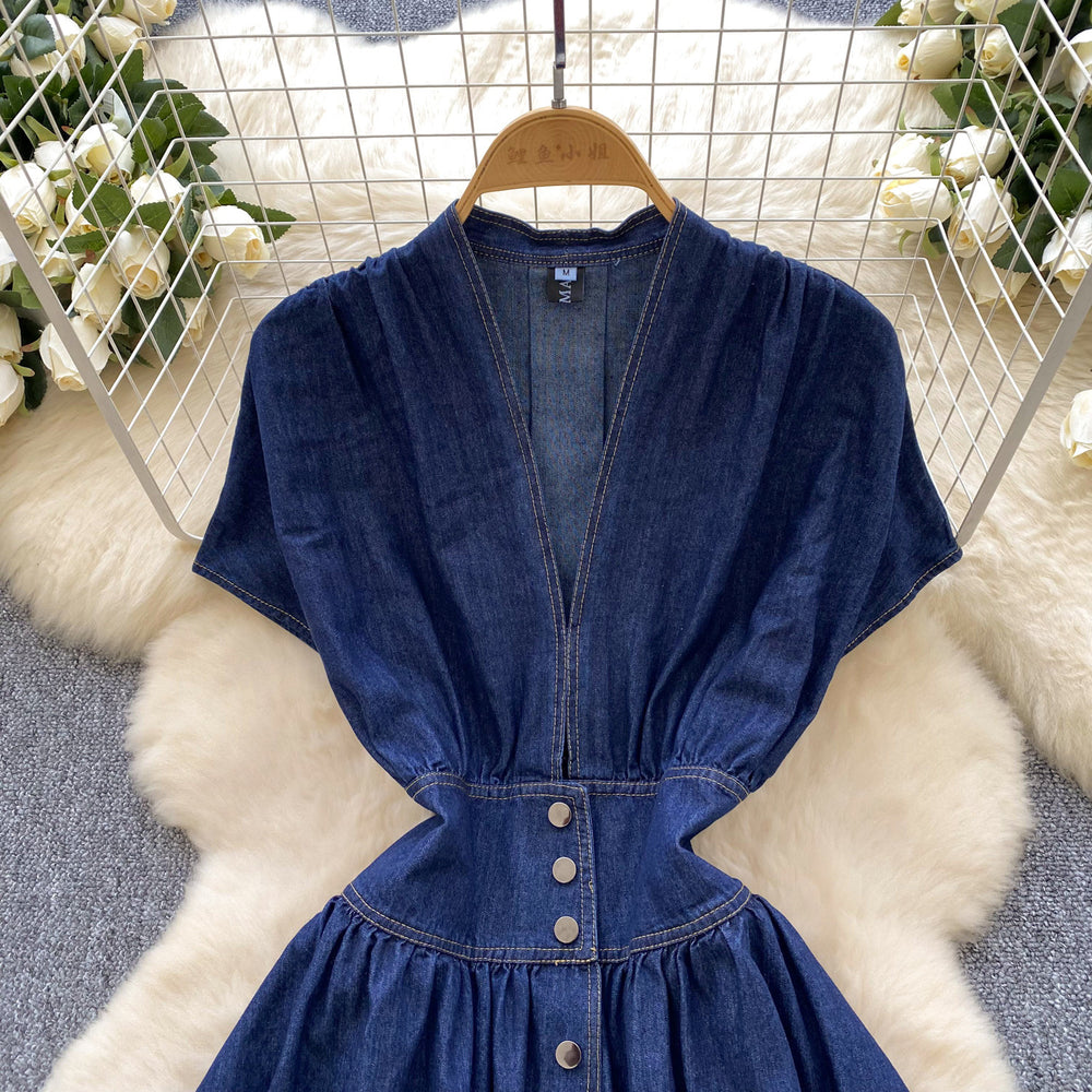High-end women's dress:  summer collection - sophisticated deep v-neck, cinched waist, button-down, slim-fit, pleated casual denim dress