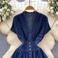 High-end women's dress:  summer collection - sophisticated deep v-neck, cinched waist, button-down, slim-fit, pleated casual denim dress