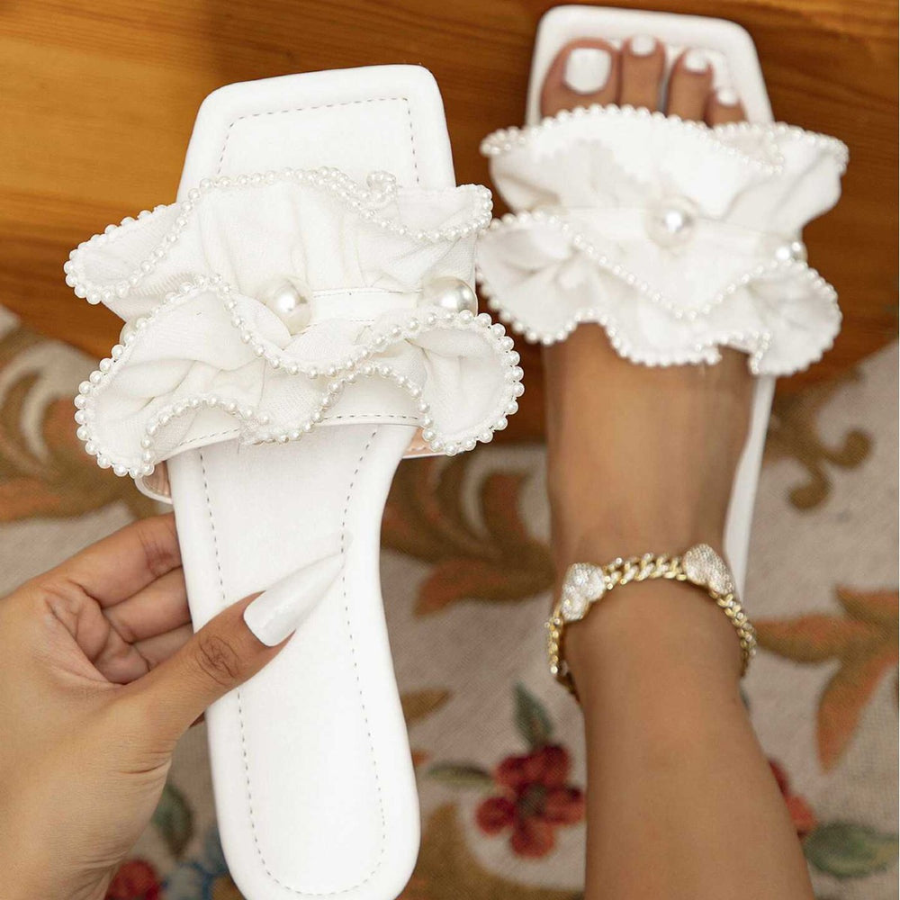 Women's flat square toe slippers sandals black pearl flat sandals flat slippers fashion women's shoes black lace