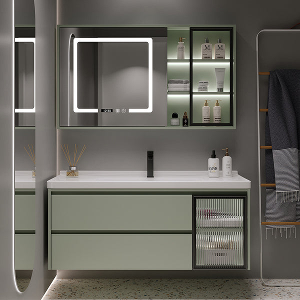 [Customized] Matcha green smart mirror cabinet spot free shipping ceramic integrated face wash basin solid wood bathroom cabinet combination