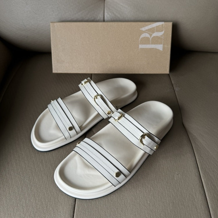 Spanish trendy brand summer new white buckle flat sandals outdoor thick sole flip flops beach sandals