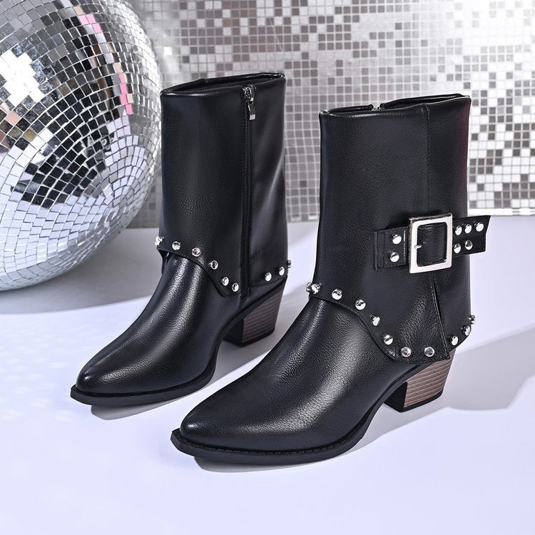 Plus size women's ankle boots for export - new autumn/winter  collection: stylish studded side-zip chunky heel metal buckle booties