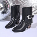 Plus size women's ankle boots for export - new autumn/winter  collection: stylish studded side-zip chunky heel metal buckle booties
