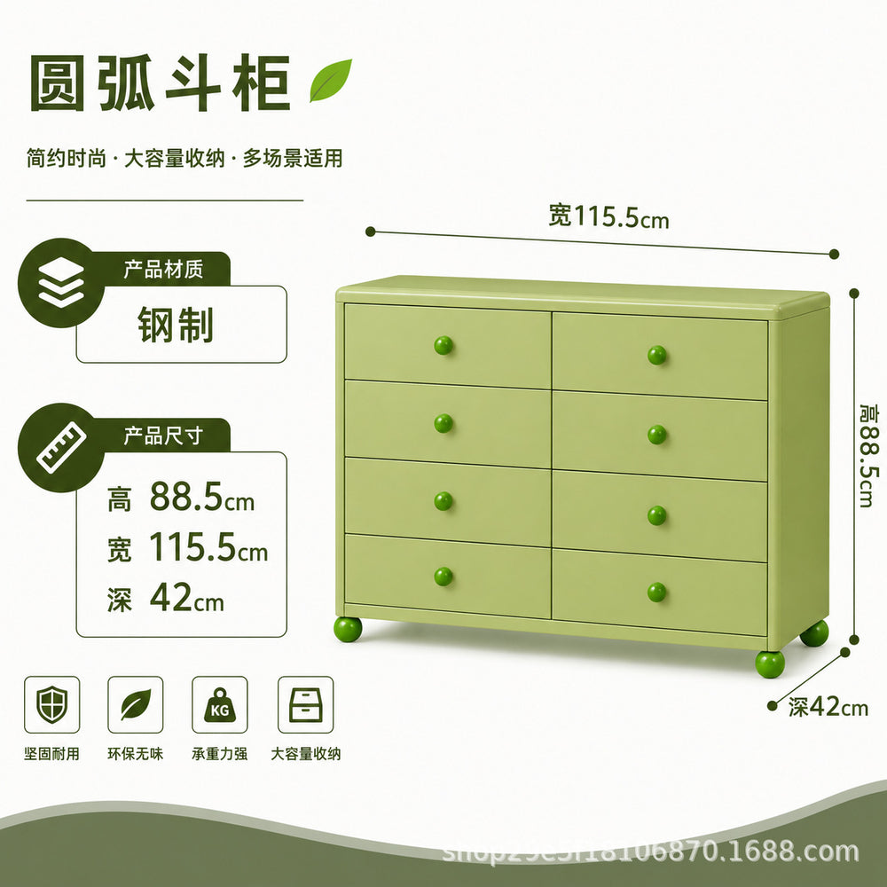 new steel low cabinet with rounded corners, freestanding five-drawer unit, wall-mounted integrated storage cabinet, kids' organizer