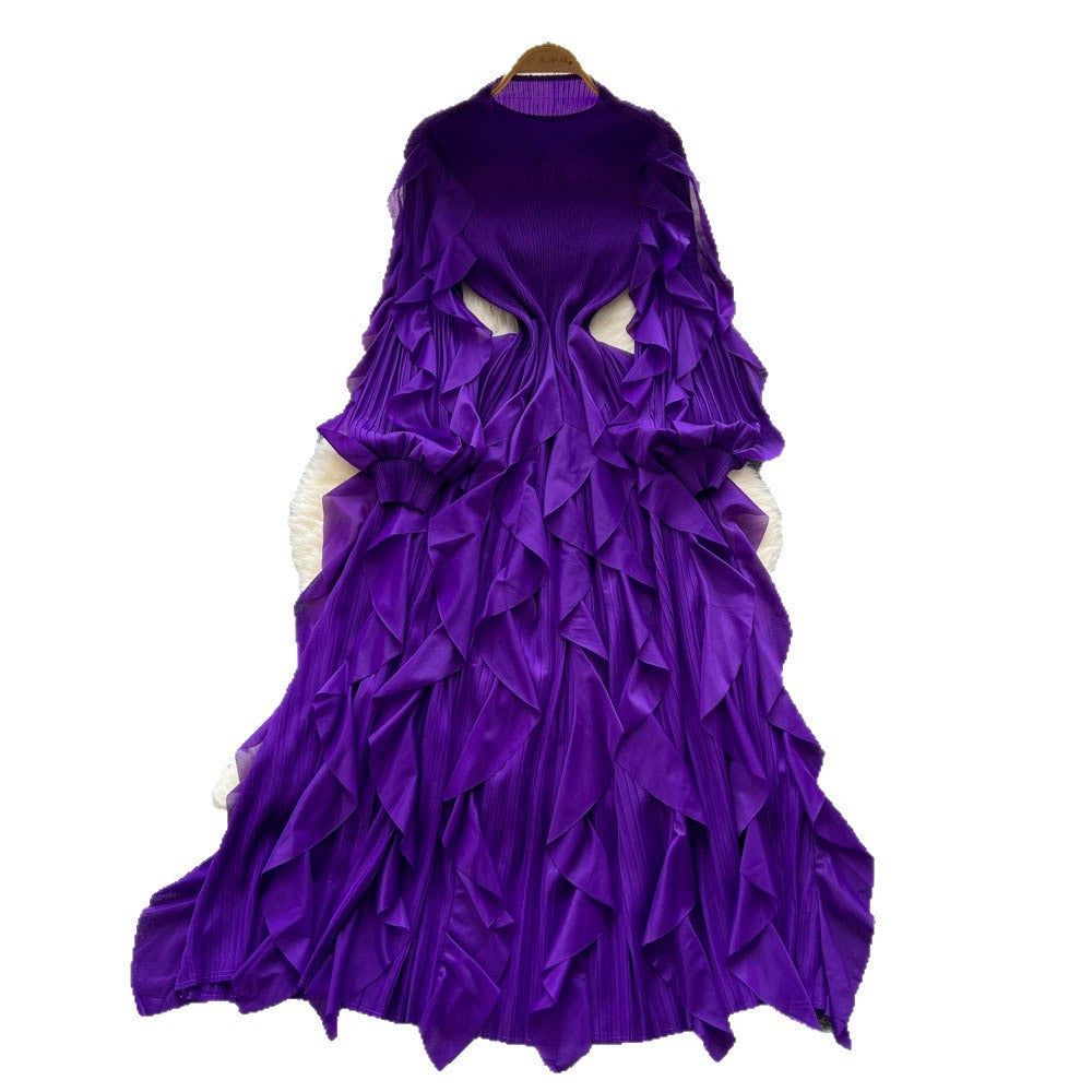 Miya european and american dress women's  autumn high-end slimming waist ruffle lantern sleeve pleated maxi dress