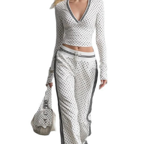 spring new arrival cross-border independent station  fashion v neck polka dot pants long sleeves sportswear suit