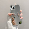 Mirror-finish apple 16 pro silver bowknot phone case, iphone 15/12 compatible, anti-drop hard protective case with wrist strap