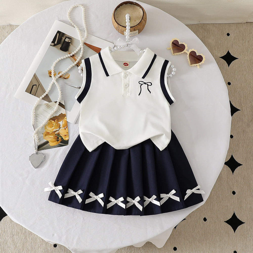 spring/summer new arrival: cross-border girls' polo shirt with bow + a-line pleated skirt two-piece set