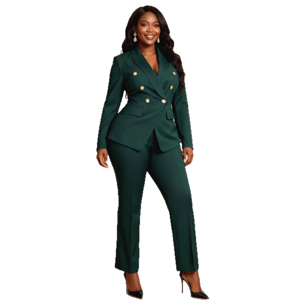 Dark green double-breasted gold button suit set - slim fit blazer and straight-leg trousers, commuter chic two-piece outfit