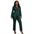 Dark green double-breasted gold button suit set - slim fit blazer and straight-leg trousers, commuter chic two-piece outfit