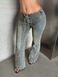 Spicy girl style european and american jeans women's low waist front straps rivets split retro distressed silm micro flare denim pants