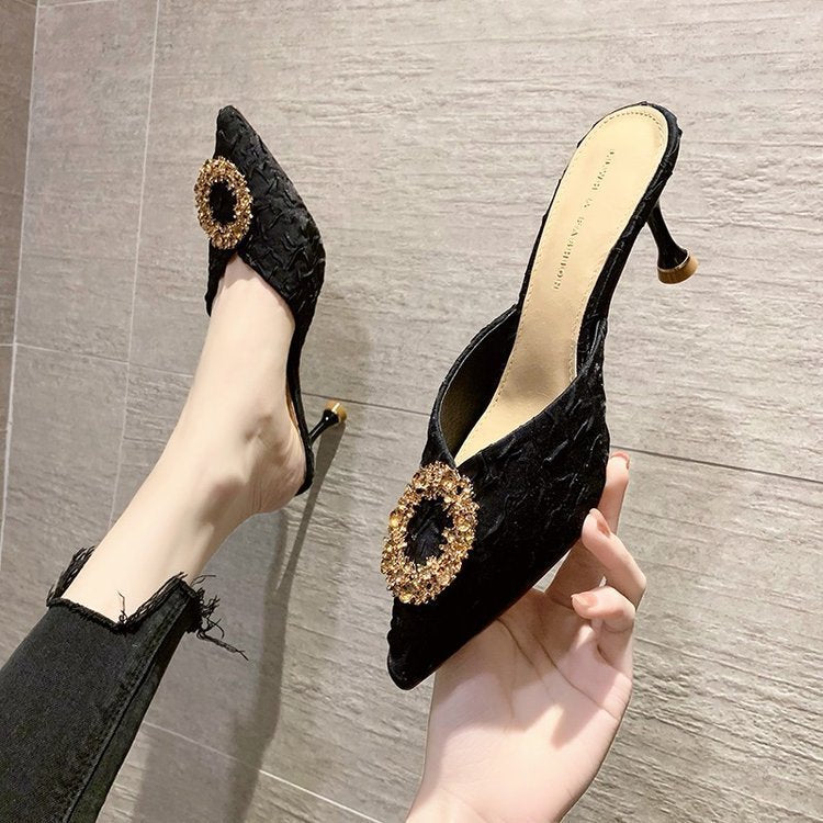 Women's summer outdoor slippers, 2023 new french style rhinestone high heel mules, stiletto heel closed-toe sandals, black
