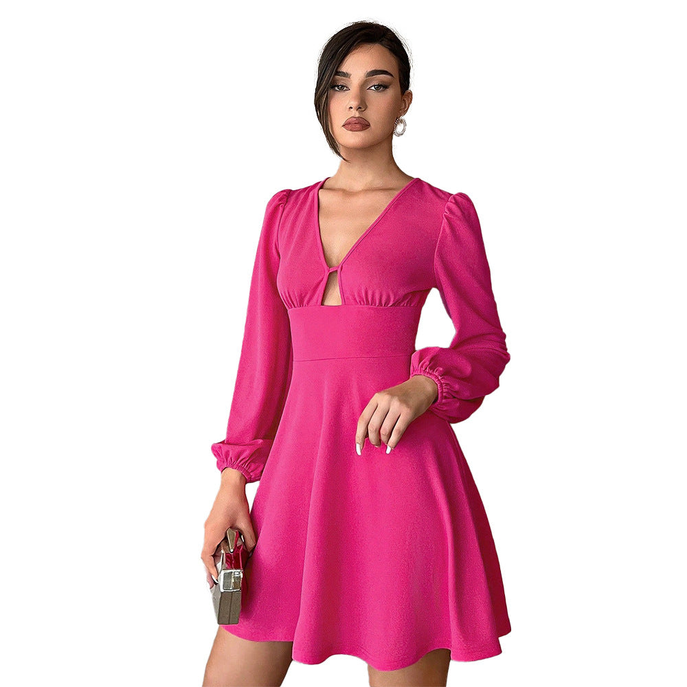 Export cross-border fashion for women in europe and america  fall and winter new arrival waist v-neck puff sleeve a-line skirt elegant mini dress