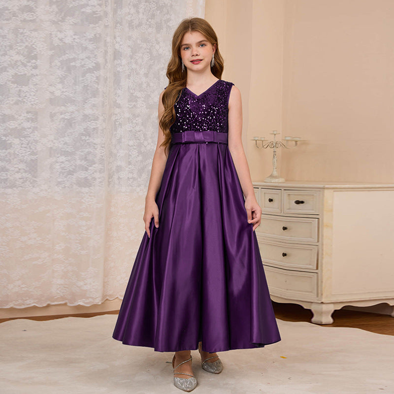 fashionexportfashion stylegirl dress long skirt v-neck evening dress satin princess dress catwalk classysequin skirt