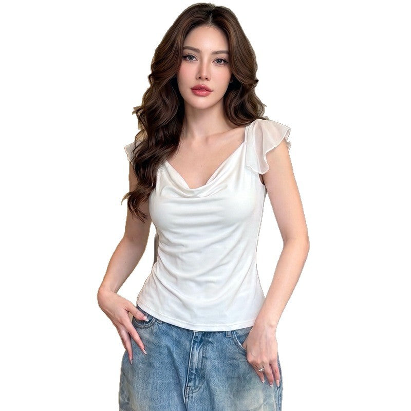 fashion style women's clothing  summer new arrivalfashionv neck chiffon backless short-sleeved waist topst-shirt wholesale