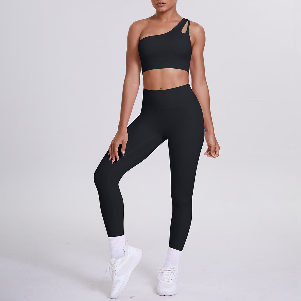 fashion double-sided nylon brushed single-shoulder yoga suit sports running fitness pants two-piece set for women